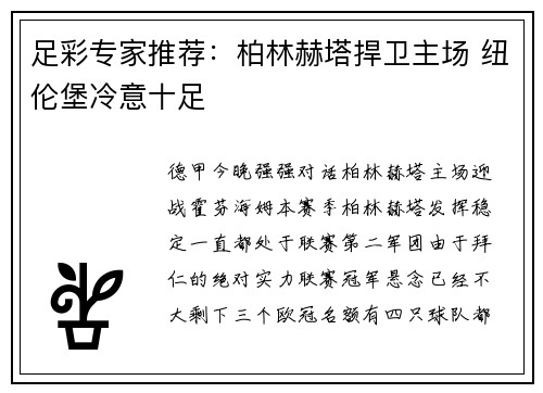 足彩专家推荐：柏林赫塔捍卫主场 纽伦堡冷意十足